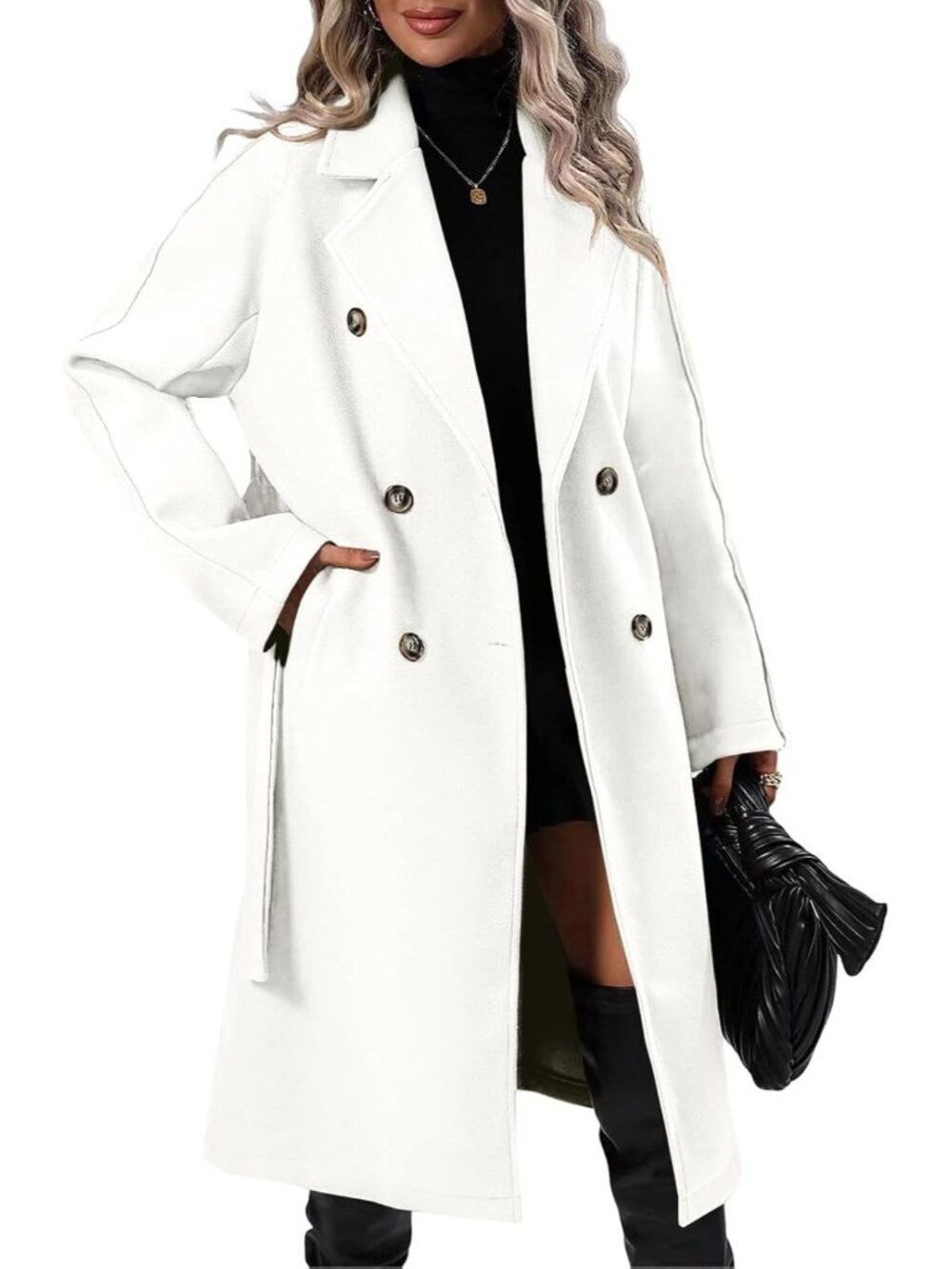 Women's White Lapel Collar Long Sleeve Long Double Breasted Pockets Trench Coat